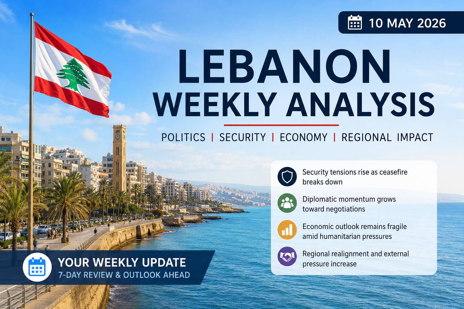 Bright editorial-style image of Beirut’s waterfront with the Lebanese flag overlooking the Mediterranean, featuring text highlighting Lebanon’s weekly political, security, and economic analysis for May 2026.
